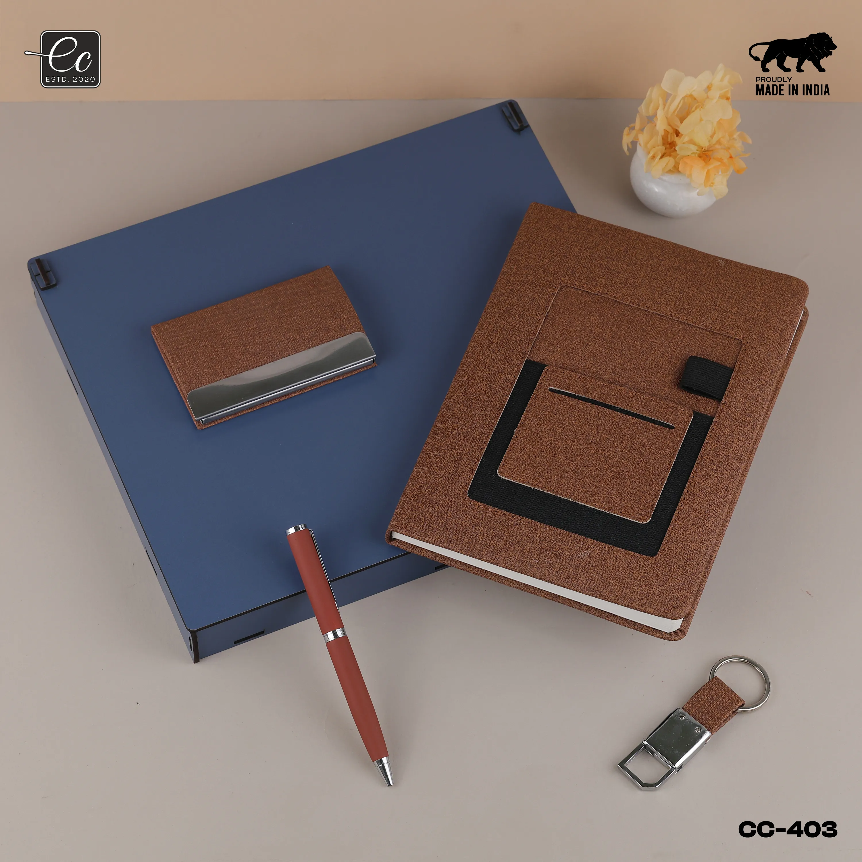 4 in 1 Corporate Gift Set includes Personalized Diary, Pen, Card Holder & Keychain